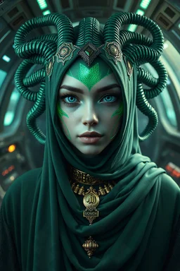 mdjrny-v4 style Medusa, greek mythology, young female face, green aesthetic, young female face, golden ratio, symmetric, elegant, ornate, luxury, matte painting, ultra realistic, concept art, intricate details, highly detailed, photorealistic, octane render, 8k, unreal engine, sharp focus, volumetric lighting unreal engine. art by artgerm and greg rutkowski and Alphonse Mucha and Vraska GolgariHijabi cute girl with cyberpunk prosthetics, with QURAN, in islamic dress, long hair, Spaceship inside,