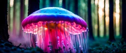 Giant bio luminous Rainbow floating JellyFish Fungus, fungal, light floating in a forest, mist, light trails, nighttime,long exposure, Treeline, Alberta, scientist, Dystopian, Hyper detailed, Realistic, Extreme depth of field, bokeh blur, Alberta all-natural, National Geographic, in the style of candid, imperfection, natural lighting, cinematic, Fuji Film, Anamorphic lens, 2040s, --ar 4:5 --w 150 --style raw