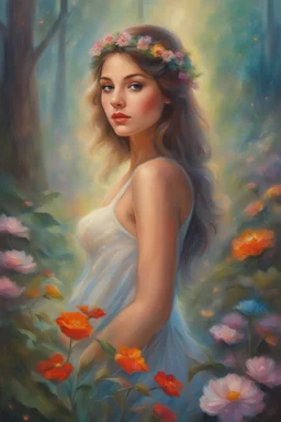 Oil painting of a beautiful girl, fantasy, dream, forest, glitter background, beautiful, oil painting, fantasy art, fairy, young girl, beautiful portrait painting, flowers, colorful, inspired by Thomas Kinkade, fine art, 8k