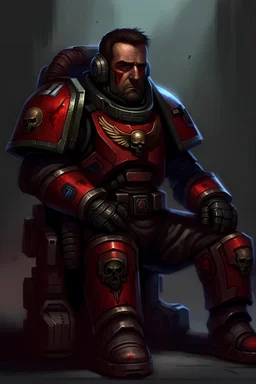 A DIGITAL ART portrait of a space marine. Style from The Expanse. He is 30 years old but his eyes are tired and worn. He is not wearing a helmet. His pants have a red stripe. His boots are armored