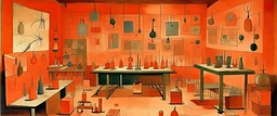 A salmon orange colored workshop with machines painted by Paul Klee