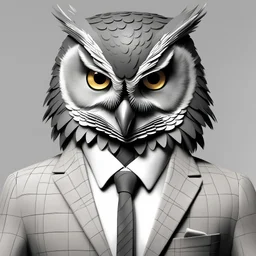 Illustrative sketch of a Pixar 3D image of an angry humanoid owl, suit and tie, ultra quality, 8k