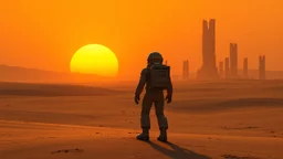 In the distant future, a lone astronaut stands on an alien desert, the sun setting in vibrant hues of orange and yellow. His helmet reflects the light as he gazes at towering structures on the horizon—remnants of a once-great civilization. With every step through the barren sands, the weight of his mission grows heavier. Is he a pioneer, or merely the last witness to a forgotten world? The silence around him answers with nothing but the wind, carrying echoes of what once was.