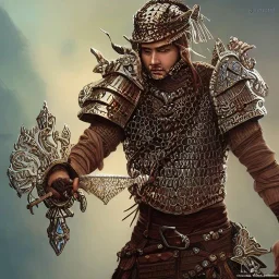 Insanely detailed photograph of a D&D sword sheathed chainmail warrior “male mariachi holding glowing D20” with intricate detailed Sombrero, intricate charo, hyperdetailed painting by Ismail Inceoglu Huang Guangjian and Dan Witz CGSociety ZBrush Central fantasy art album cover art,8K, hdr, mysterious, flickeringlights ,Stoic