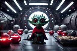 happy large eyed baby dragon sith lord in the Death Star space hall in second death star with few Tie Fighters and space ships ready to lunch and a view to a star wars planet, and christmas tree and sith gifts, cinematic eye view