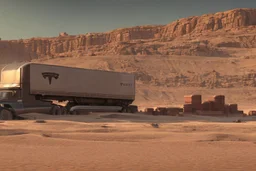 A Tesla 'Semi' (semi truck) is parked, in Mos Eisley on the planet Tatooine. (CINEMATIC, WIDE ANGLE LENS, PHOTO REAL)
