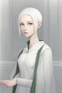 full length colour drawing, portrait, 22-year old friendly slender female human cleric, shaved head, light eyebrows, grey eyes, wearing white (10%0 and dark green (80%)