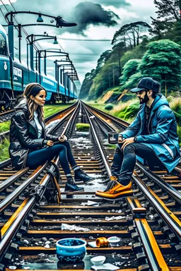 2 people are sitting on a train track, having tea at a round table; they have wet suits on with flippers and dive goggles; a steaming train is coming right towards them