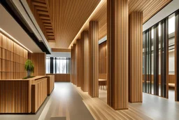 un area de toma de muestra con elementos de madera y un estilo arquitectonico minimalistico