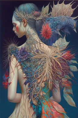 Girl with thorns on her back; girl wearing in intricate gown mixed media such as feathers, thorns, flowers, colorful thread, and gemstones; neo-surreal; quilling, masterpiece, Intricate, provocative