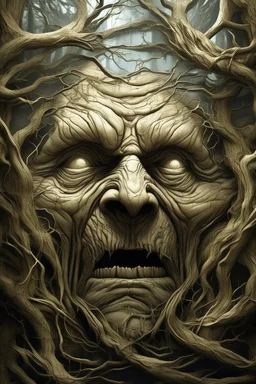 surrealis monochrome A fragmented, surreal sculpture liguid color of photorealistic image 3d,psychedelic art of an old man face glossy emerging from dreamlike a crumbling building. The face appears pale with deep cracks and intricate details, evoking a haunting expression. Blackened tree branches intertwine with the gold mengkilat cracks, set against a backdrop of stormy, cloud-filled skies. bauhaus art The overall tone is dark and moody, suggesting themes of decay and transformation. Include