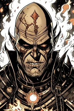 A great Orc with light-ash-colored skin and red eyes. He is bald. He wears black armor. Over his head he wears a crown made of fire. Absolutely he has no horns. He’s surrounded by flames. In the image you must see at least half a bust. It must be comic-book style.