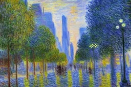 City near trees, sci-fi, Photography, hyperrealism, hd, claude monet impressionism painting