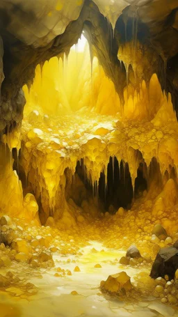 A golden yellow cave with round crystals painted by Zhang Lu