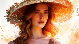 Vintage art, brown and orange shades, sunny day, straw hat for woman, summer dress, splashes of art, in the style of Dante Gabriel Rossetti, Yossi Kotler, Camilla D'Errico, masterpiece, fine art in the style of Carne Griffiths, Paula Hoppe
