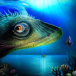 ultra detailed fullbody portrait of Sea monster underwater, extremely detailed digital painting, intrincate, extremely detailed face,crystal clear Big eyes, in the style of Ian Miller, mystical colors , perfectly centered image, perfect composition, rim light, beautiful lighting, 8k, stunning scene, raytracing