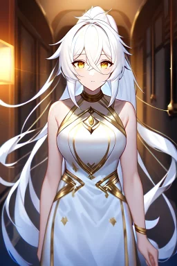 girl, masterpiece, best quality, cinematic lighting, detailed outfit, vibrant colors, perfect eyes, long hair, white hair, golden eyes, ponytail, messy hair, gold and white outfit, hair between eyes, indoors, depth of field, ray tracing,