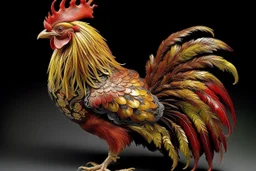 Emblaziken is a majestic, flame-covered rooster with feathers that resemble traditional Chinese imperial robes. Its tail feathers are long and fiery, resembling the elegant tails seen on Chinese dragons. The rooster's comb is shaped like a crown, symbolizing its regal presence.