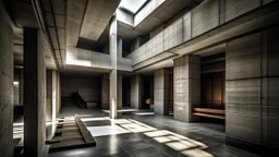 A stark, brutalist interior space constructed entirely of concrete. The composition is a complex interplay of geometric forms, with sharp angles and flat surfaces dominating the scene. Multiple levels and platforms are interconnected by staircases and walkways, creating a labyrinthine effect. Skylights and openings in the ceiling cast dramatic shafts of light and shadow, emphasizing the texture and monolithic nature of the concrete. Several doorways, recessed into the walls, lead to dark, undefi