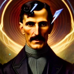 Nikola tesla, highly detailed face, surrounded by lightning bolts in the style of tom bagshaw, alphonse mucha, gaston bussiere, cyberpunk. anatomically correct elegant body. extremely lush detail. masterpiece. melancholic scene infected by night. perfect composition and lightning. sharp focus. high contrast lush surrealistic photorealism.