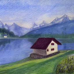simple house in switzerland behind a lake,drawing