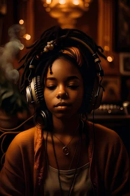 earthy black young woman listening to music with headphones, soul, peace, majestic, earthy colours, at peace, happy, incense, jewels, bands, natural, old school headphones, low siren eyes, incense