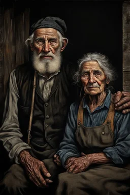 Color Portrait of an old Appalachian farmer couple early 1900s, beautiful painting with highly detailed face by greg rutkowski, Lee Jeffries, magali villanueve Modifiers: extremely detailed oil on canvas photorealistic