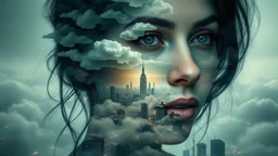 A portrait of a woman formed by a surreal, dreamlike mental landscape reminiscent of double exposure photographs, with layered, swirling clouds and neurological pathways evoking the futuristic, dystopian cityscapes of Cyberpunk 2099 and Blade Runner 2049. Inspired by Vincent Callebaut’s innovative, eco-friendly designs and the complex, mathematically driven patterns of the Fibonacci sequence, seamlessly blending into a dark, misty atmosphere. Igor Morskoy’s signature blend of organic and synthet