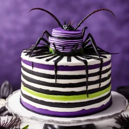 Beetlejuice style image featuring a stripped cockroach birthday cake inspired by Tim Burton with vibrant Purple, black, lime green, and white highlights