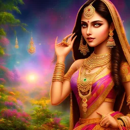 bright indian fairy, beautiful portrait, flowery landscape