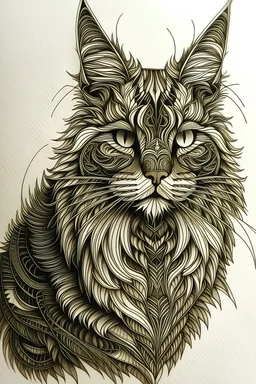 A hyper-realistic Maine coon drawn using lines that look tribal