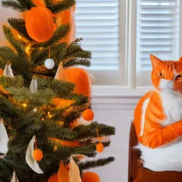 Orange fish and White cat Celebrating christmas trees