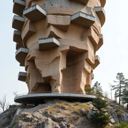 foto di una struttura architettonica che sembra una torre o edificio con vari piani sporgenti, sostenuti da un nucleo centrale che appare parzialmente eroso o scavato. L'aspetto del materiale centrale sembra essere di roccia o terra, come se l'edificio fosse stato costruito direttamente su un affioramento naturale. La torre ha delle piattaforme orizzontali in cemento, con terreno accidentato e alcuni alberi. Hasselblad h6d