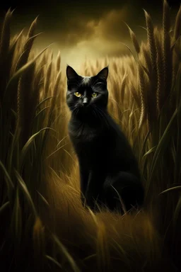 Gato negro en prado de trigo con atmosfera suave y alegre, al estilo Rembrandt