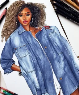 Fashion illustration, fashion drawing, Croquis, Hussein Suleiman, Jefferson Osei, Abderrahmane Trabsini, Fenty, denim jacket, modcloth patches, distressed jeans, flare leg, African American model