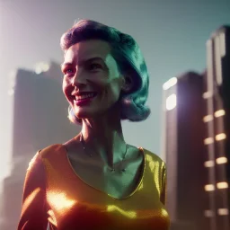 Ultra Realistic scene, retro futuristic style, 1960 sci-fi. Woman, smile, happy. highly detailed, concept art, unreal engine 5, ray tracing, RTX, lumen lighting, ultra detail, volumetric lighting, 3d, finely drawn, high definition, high resolution.