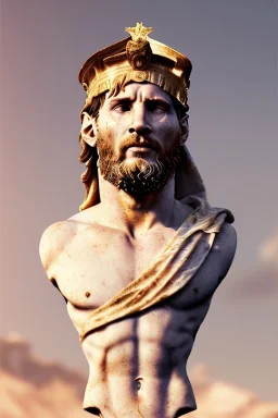 Realistic image, Roman sculpture made in white marble with gold veins, Lionel messi with gold laurel leaves crown, two blue brushes, decorative star on the chest, waist up portrait, marble material, gold ornaments, Baroque style, sun rays background, epic, celestial, cinematic lighting, God lights, 4k resolution, smooth details, soft lighting, unreal engine 5, art station, substance 3d.