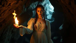 a woman with brown braided hair in a scary cave, holding a flame in her palm in a white vintage long-sleeved nightgown, the inside of the cave is illuminated by the flame, close shot, detailed, high realistic, perfect photo, dramatic, dark fantasy