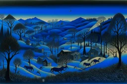 A dark blue village of illusion with imps designed in Indian Gond art painted by Caspar David Friedrich