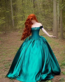 Magic princess with long auburn hair in a big teal green and gold satin ballgown corset off shoulder top casting magic