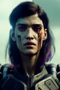 A portrait post-apocalypse cyborg Sofia Boutella in a cyberpunk city, sci-fi fantasy style, 8k, volumetric lighting, particales,highly detailed,cinematic, deep scars on face,deep colours.