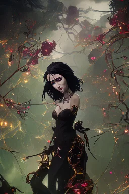 abstract creation of a beautiful girl with black curly hair, surrounded by black roses, thick metal chain broken, glass petals on the ground, autumn colours,dried out thorn bush, chaos,