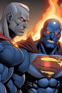 generate Darkseid very happy singing a song with Superman