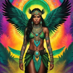 feral militant indigenous girl adorned in tattoos, her military uniform woven with tribal patterns and jewelry that gleamed with primal energy. Beside her stood a reptilian humanoid god, his green scales glistening in the psychedelic light, wings unfurled in majestic splendor. The god was bedecked in colorful feather decorations that danced in the air, a spectacular radiant aura halo casting an ethereal glow around him. Atop the white Mayan pyramid, with lush green rainforest mountains as a back