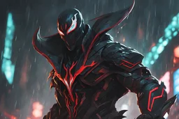 Pyke venom in 8k solo leveling shadow artstyle, machine them, mask, close picture, rain, neon lights, intricate details, highly detailed, high details, detailed portrait, masterpiece,ultra detailed, ultra quality