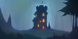 Ruined abandoned overgrown small castle tower in a dense coniferous forest, night, misty, atmospheric, fireflies