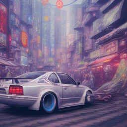 volumetric japan city environment and background, realistic pop-art illustration and highly detailed digital painting of illegal street drifting, ghost flames, inside a vibrant city, underground jdm scene, d1 grand prix, nissan, mitsubishi, otaku, neon, toyota, honda, subaru, highly detailed, money, high contrast, realistic shaded volumetric lighting, 8k, tokyo drift, reflective ground, octane render, smoke, burnout, vitality colours, colorful, uhd, blue fires, dk, hooning manga art by sam curry