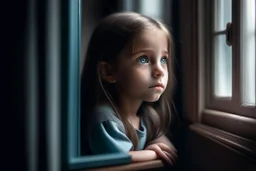 An eight-year-old girl looks out of a window inside the classroom, her hand is not visible