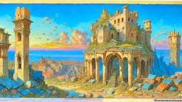 Destroyed City, medieval ruins, debris, stone, breched, brocken, Perspektiv from the sky, by Jean-Baptiste Monge, Ivan Bilibin, Albert Bierstadt, Reza Badrossama, watercolor, intricate details, fantasy, beautiful, oil on canvas, award winning, imperial colours, fantastic view, radient colours, very attractive, crisp quality