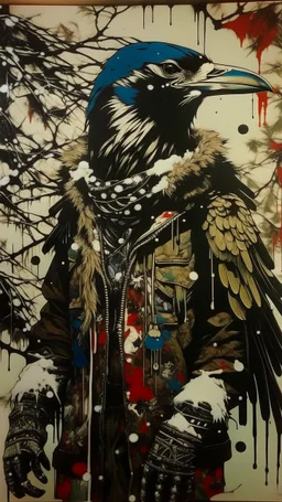 A contemporary serigraphy portrait by Kunisada of a crow adorned in a punk leather jacket within a snowy Christmas atmosphere.